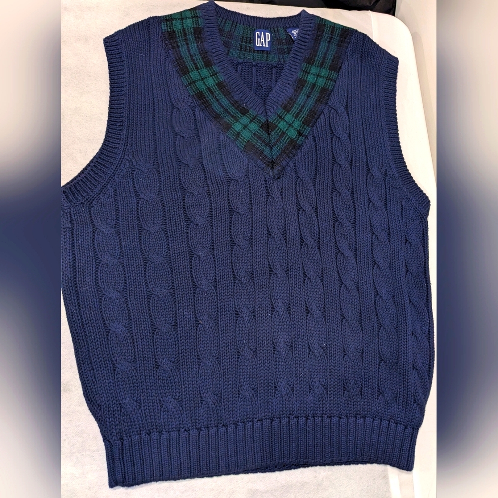 GAP Men's Vintage 90's Navy Cable Knit Sweater Vest - Picture 4 of 8